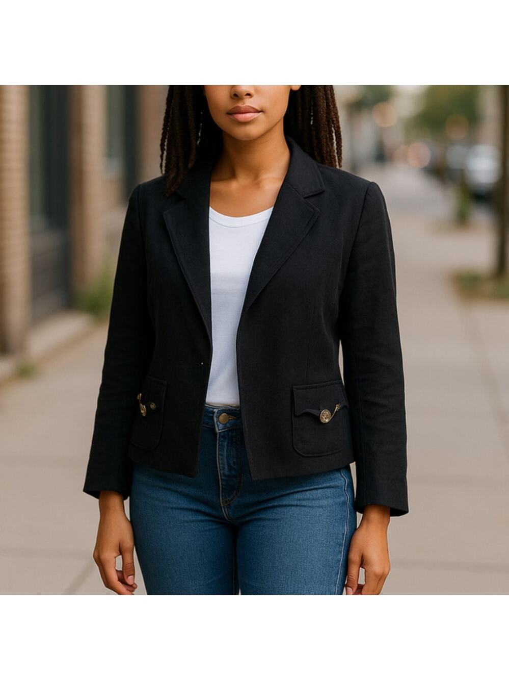 Smythe Blue Linen Open Front Chain Detail Blazer Jacket